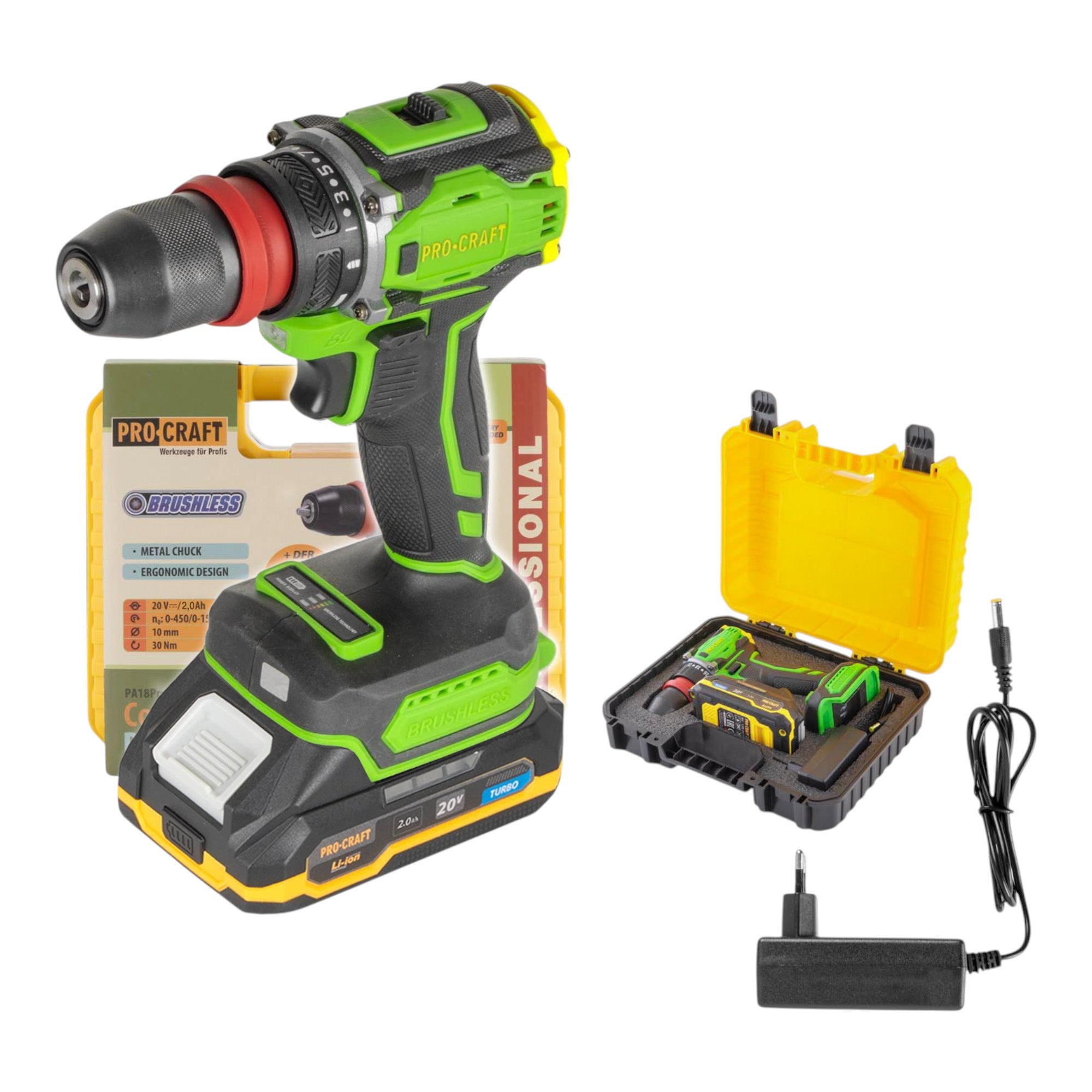 Procraft PA18PRO DFR-1B-C Akku Bohrschrauber 20 V 30 Nm Brushless + 1x Akku 2,0 Ah + Ladegerät + Koffer