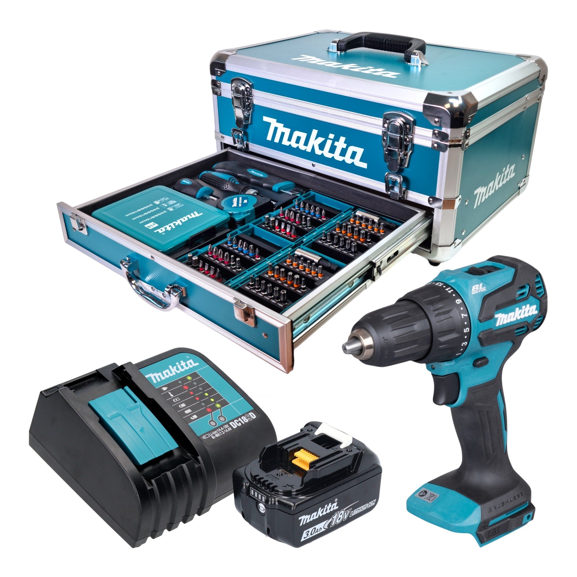 Makita DHP 490 SF1X9 Akku Schlagbohrschrauber 18 V 65 Nm Brushless + 1x Akku 3,0 Ah + Ladegerät + 96 tlg. Zubehör Set + Koffer
