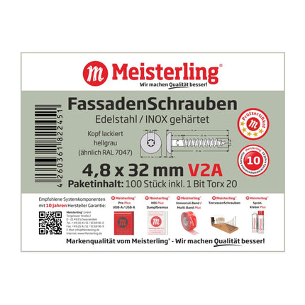 Meisterling Fassadenschrauben 4,8x32 mm 100 Stück ( 010020000121 ) 12 mm Flachkopf hellgrau mit Torx Teilgewinde V2A Edelstahl