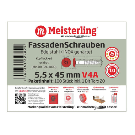Meisterling Fassadenschrauben 5,5x45 mm 100 Stück ( 010030000351 ) 12 mm Flachkopf oxidrot mit Torx Teilgewinde V4A Edelstahl