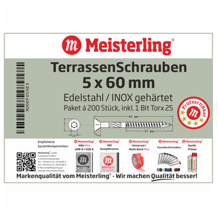 Meisterling Terrassenschrauben 5x60 mm 1200 Stück ( 6x 010010000021 ) CUT Spitze 90° Linsen Senkkopf mit Torx 2/3 Grobgewinde VA Edelstahl