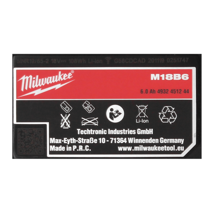 Milwaukee M18 B6 Akku 18 V 6,0 Ah / 6000 mAh ( 4932451244 )