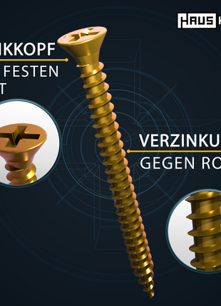 HausHalt Universal Holzbauschraube Holzschraube 4,5 x 25 mm PZ2 500 Stk. ( 000051371161 ) gelb verzinkt Kreuzschlitz Pozidriv Senkkopf Vollgewinde - Toolbrothers