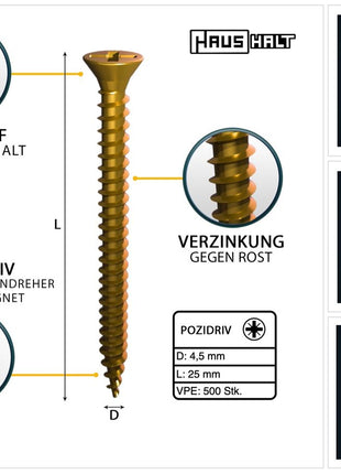 HausHalt Universal Holzbauschraube Holzschraube 4,5 x 25 mm PZ2 500 Stk. ( 000051371161 ) gelb verzinkt Kreuzschlitz Pozidriv Senkkopf Vollgewinde - Toolbrothers