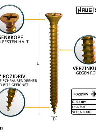 HausHalt Universal Holzbauschraube Holzschraube 4,5 x 25 mm PZ2 500 Stk. ( 000051371161 ) gelb verzinkt Kreuzschlitz Pozidriv Senkkopf Vollgewinde - Toolbrothers