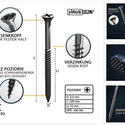 HausHalt Universal Holzbauschraube Holzschraube 5,0 x 120 mm PZ2 400 Stk. ( 4x 000051371185 ) silber verzinkt Kreuzschlitz Pozidriv Senkkopf Teilgewinde - Toolbrothers