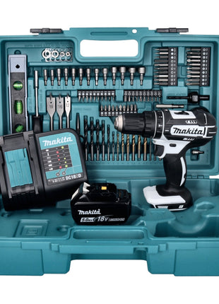 Makita DHP 482 STX5W Akku Schlagbohrschrauber 18 V 62 Nm weiß + 1x Akku 5,0 Ah + Ladegerät + 101 tlg. Zubehör Set + Koffer - Toolbrothers
