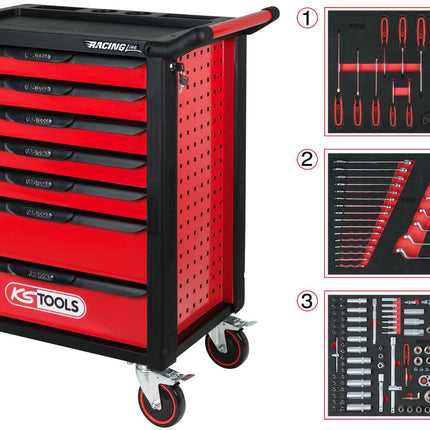 KS TOOLS RACINGline SCHWARZ/ROT Werkstattwagen mit 7 Schubladen und 215 Premium-Werkzeugen ( 826.7215 ) - Toolbrothers