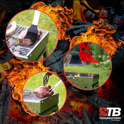 Toolbrothers Outdoor tragbarer Holzkohle Edelstahl Grill für Camping werkzeuglose Montage 43 x 29 x 23 cm Silber Smoker BBQ Pit Grill