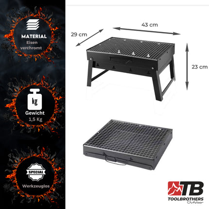 Toolbrothers Outdoor  tragbarer Holzkohle Grill Set für Camping werkzeuglose Montage 43 x 29 x 23 cm schwarz + Grillbesteck, Grillhandschuhe & Grillfächer  8 tlg