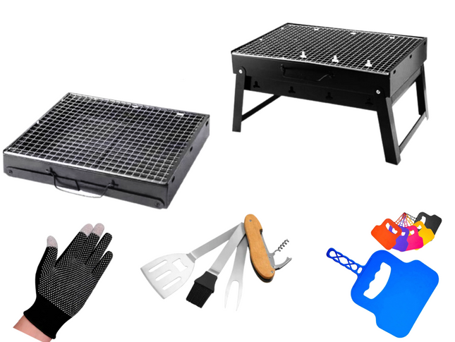 Toolbrothers Outdoor  tragbarer Holzkohle Grill Set für Camping werkzeuglose Montage 43 x 29 x 23 cm schwarz + Grillbesteck, Grillhandschuhe & Grillfächer  8 tlg