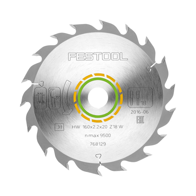Festool HW 160x2,2x20 W18 circular saw blade WOOD STANDARD ( 768129 ) 160 x 2,2 x 20 mm 18 teeth for all wood-based materials, solid wood, plasterboard